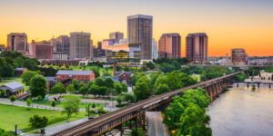 Aerial view of Richmond, Virginia, USA, during sunset.