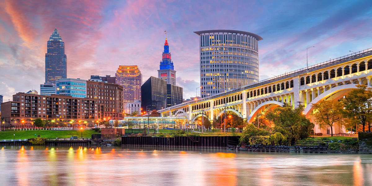 View of Cleveland's Veterans Memorial Bridge at Sunset