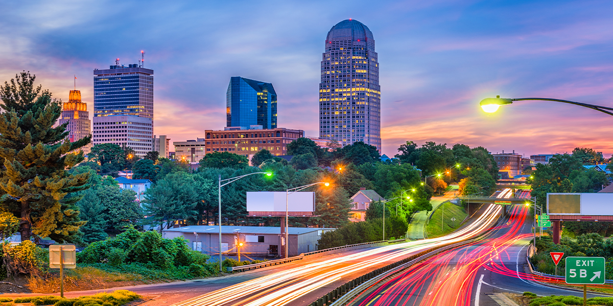Winston-Salem, NC buildings at Sunset