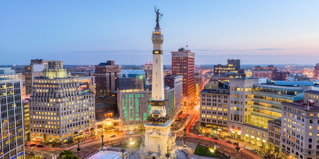 Indianapolis, Indiana, USA skyline with a view of Monument Circle