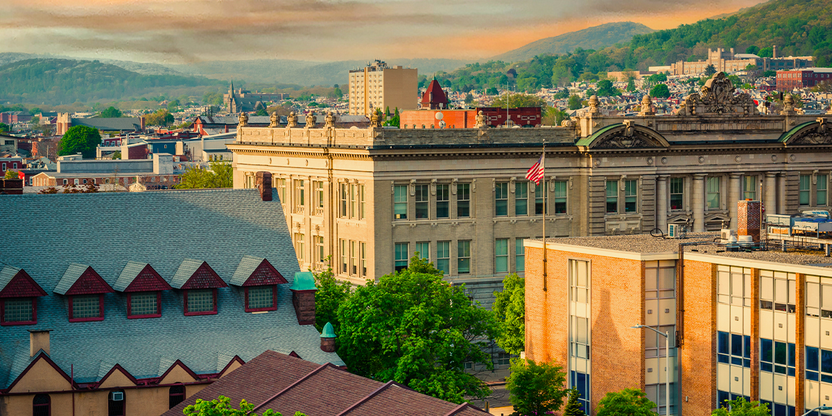 Reading, Pennsylvania - Aerial view of downtown buildings.