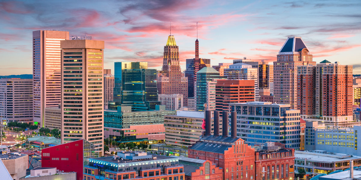 Sunset skyline of downtown Baltimore, MD, USA