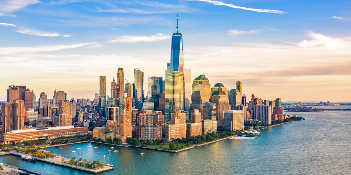 Aerial view with Manhattan skyline at from above the Hudson River, New York City, NY, USA