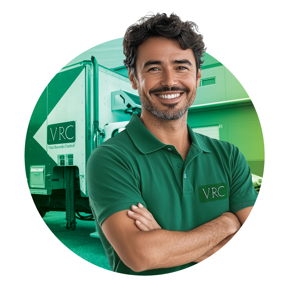 VRC professional standing in front of a shredding truck