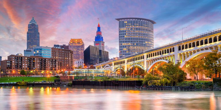 View of Cleveland's Veterans Memorial Bridge at Sunset