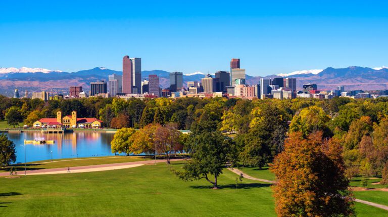 Skyline of Denver downtown with Rocky Mountains