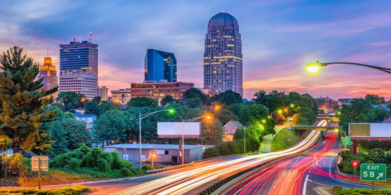 Winston-Salem, NC buildings at Sunset